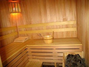 Wooden shelves in the bath